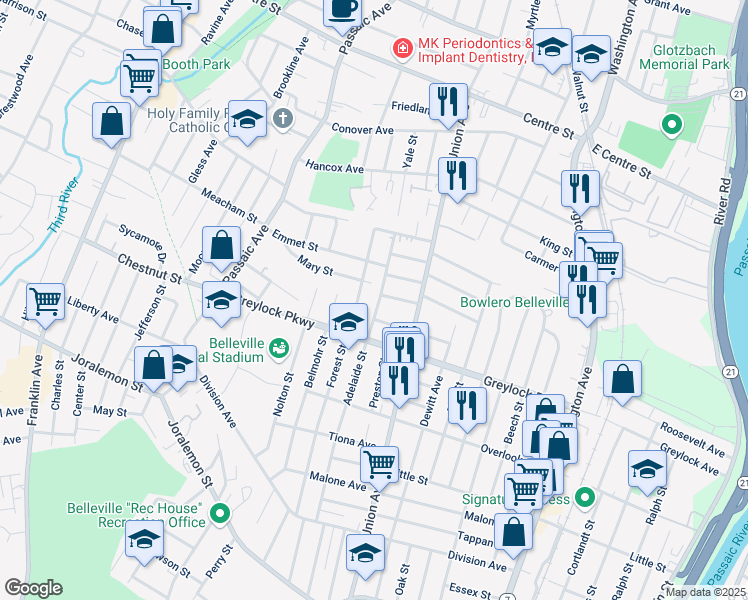 map of restaurants, bars, coffee shops, grocery stores, and more near 201 Adelaide Street in Belleville