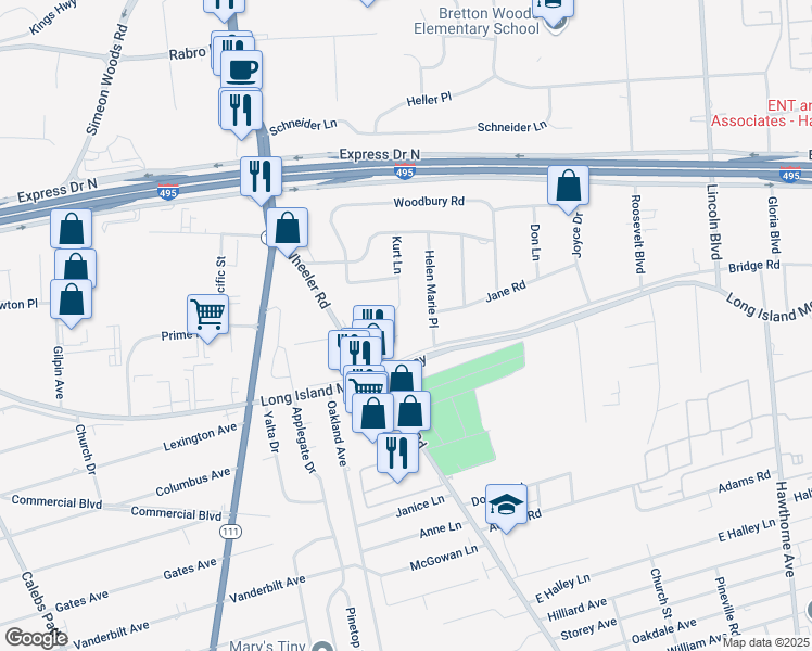 map of restaurants, bars, coffee shops, grocery stores, and more near 19 Marlo Lane in Hauppauge