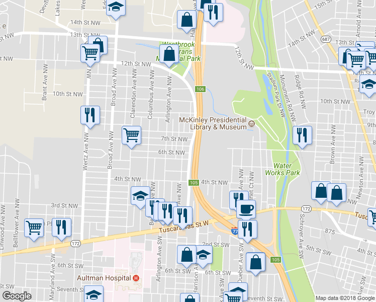 map of restaurants, bars, coffee shops, grocery stores, and more near 2227 6th Street Northwest in Canton