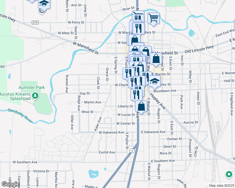 map of restaurants, bars, coffee shops, grocery stores, and more near 506 South Spring Street in Bucyrus