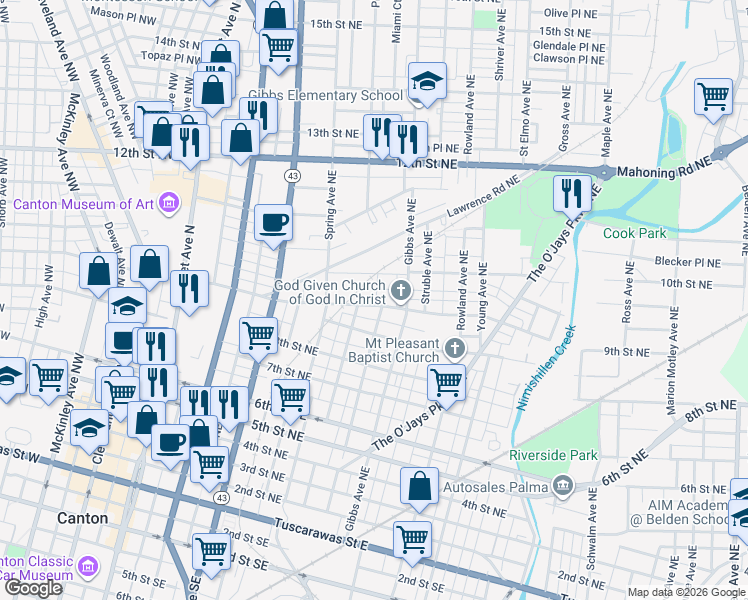 map of restaurants, bars, coffee shops, grocery stores, and more near 915 9th Street Northeast in Canton