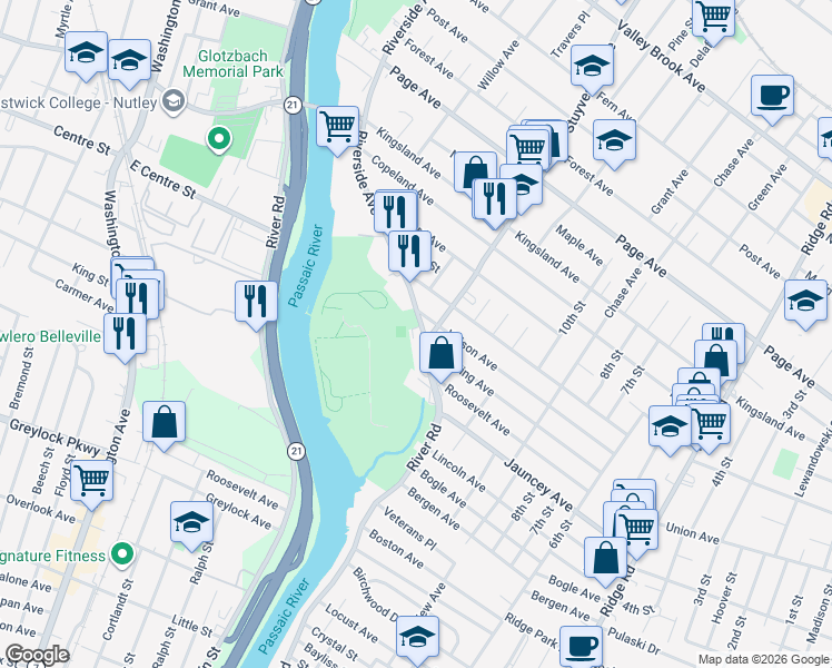 map of restaurants, bars, coffee shops, grocery stores, and more near 820 Riverside Avenue in Lyndhurst