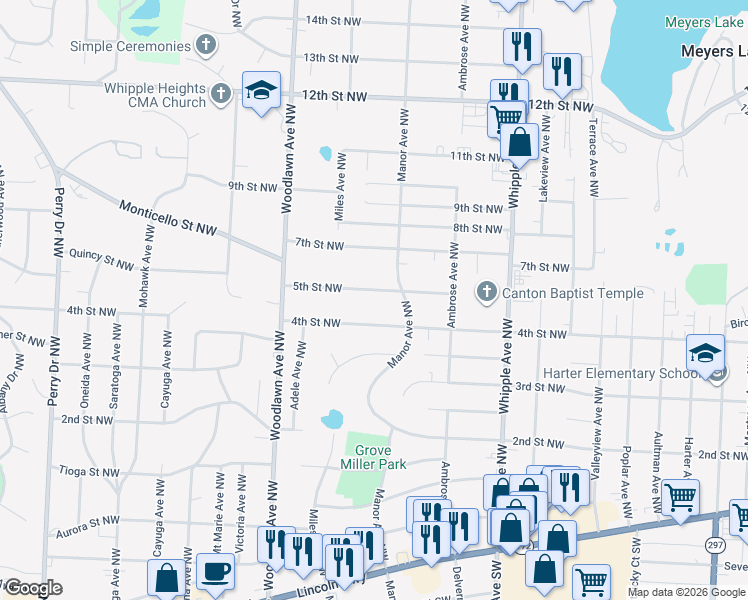 map of restaurants, bars, coffee shops, grocery stores, and more near 4634 5th Street Northwest in Canton