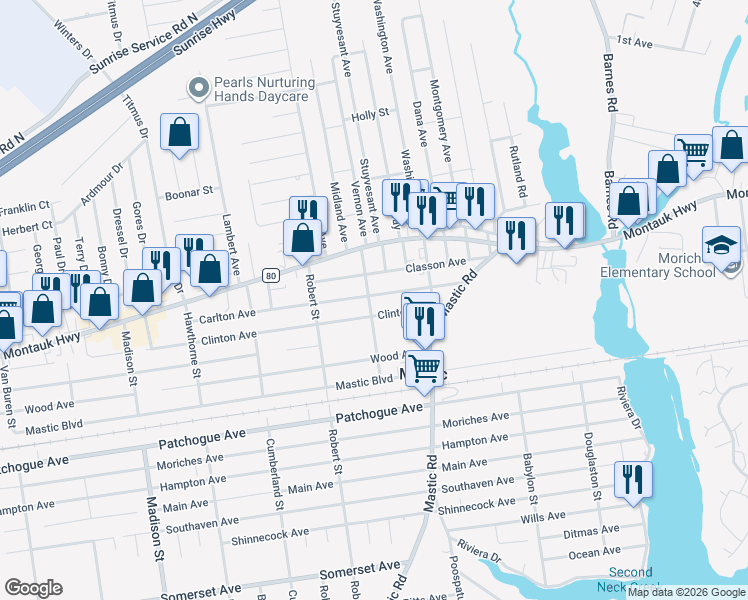 map of restaurants, bars, coffee shops, grocery stores, and more near 60 Carlton Avenue in Mastic