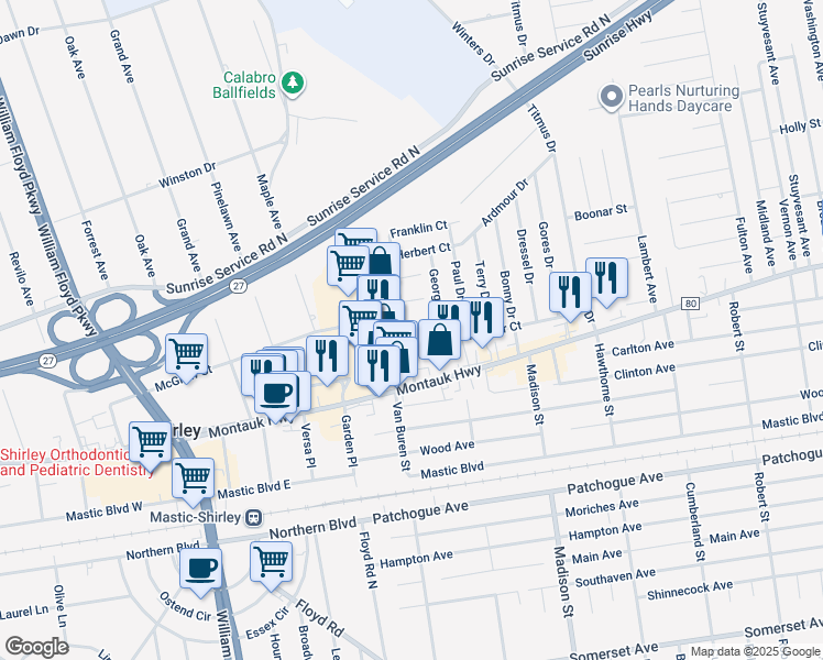 map of restaurants, bars, coffee shops, grocery stores, and more near 25 Park Avenue in Shirley