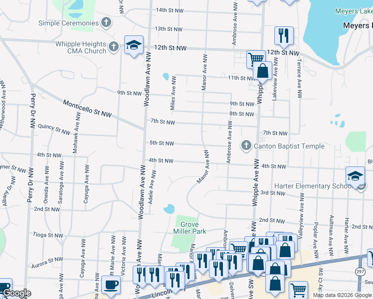 map of restaurants, bars, coffee shops, grocery stores, and more near 4634 5th Street Northwest in Canton