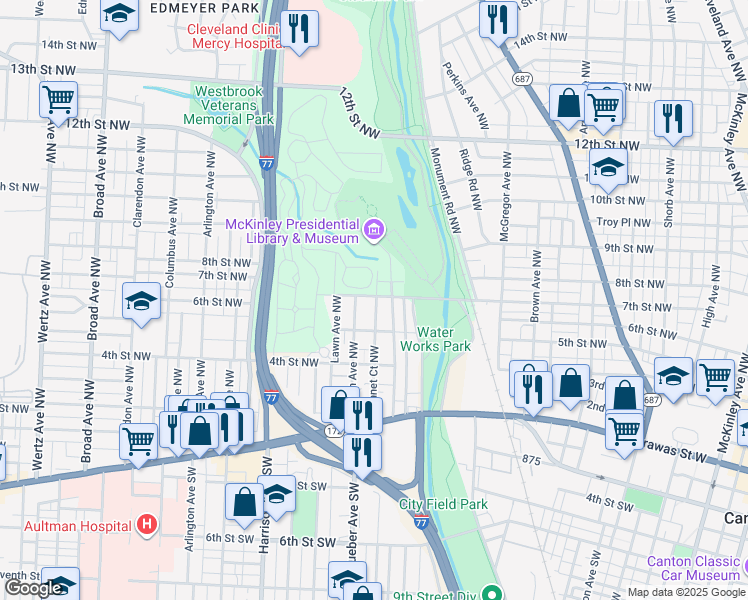 map of restaurants, bars, coffee shops, grocery stores, and more near 1800 7th Street Northwest in Canton