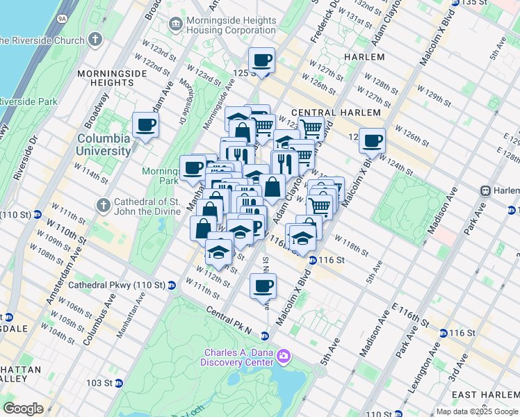 map of restaurants, bars, coffee shops, grocery stores, and more near 141 Saint Nicholas Avenue in New York