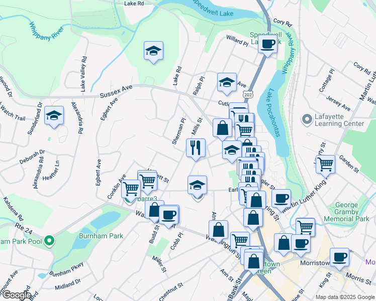 map of restaurants, bars, coffee shops, grocery stores, and more near 79 Mills Street in Morristown
