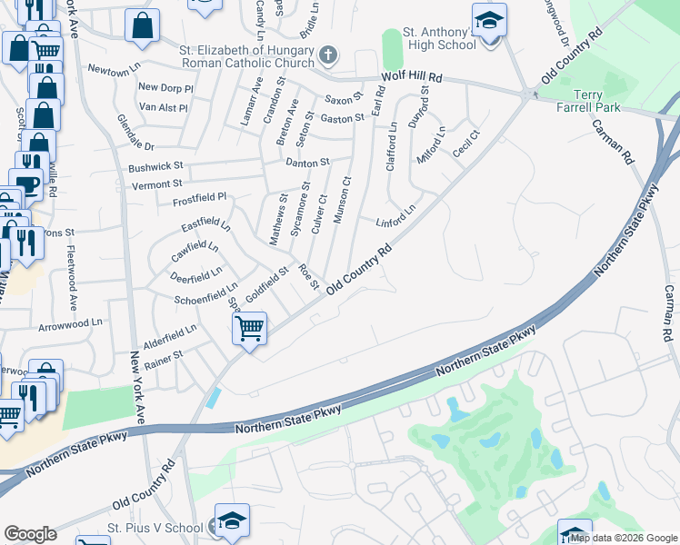map of restaurants, bars, coffee shops, grocery stores, and more near 1 Earl Road in Melville