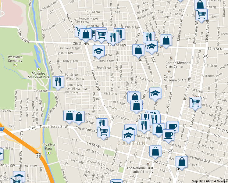 map of restaurants, bars, coffee shops, grocery stores, and more near 707 Shorb Avenue Northwest in Canton