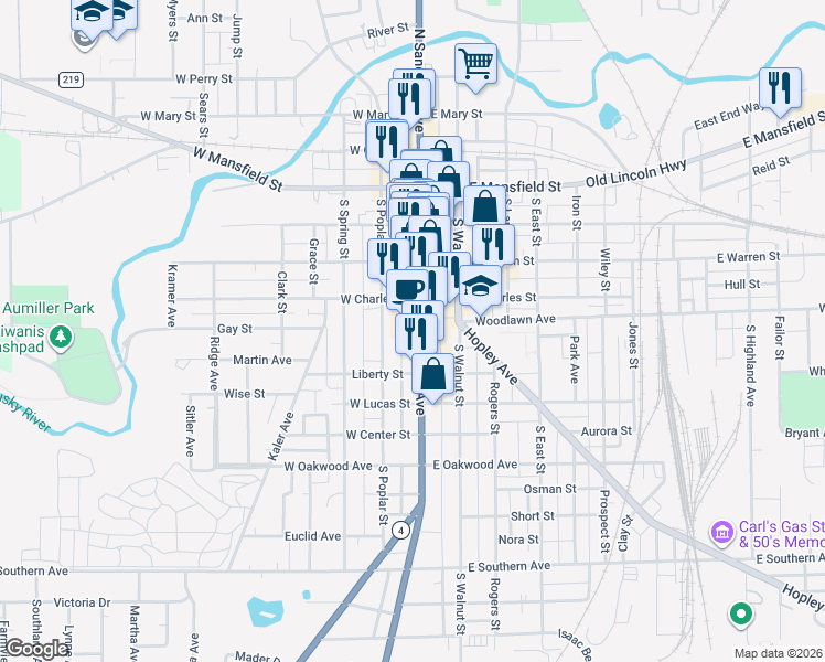map of restaurants, bars, coffee shops, grocery stores, and more near 501 South Sandusky Avenue in Bucyrus