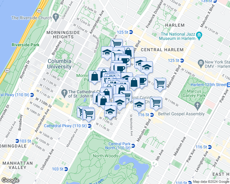 map of restaurants, bars, coffee shops, grocery stores, and more near 257 West 116th Street in New York