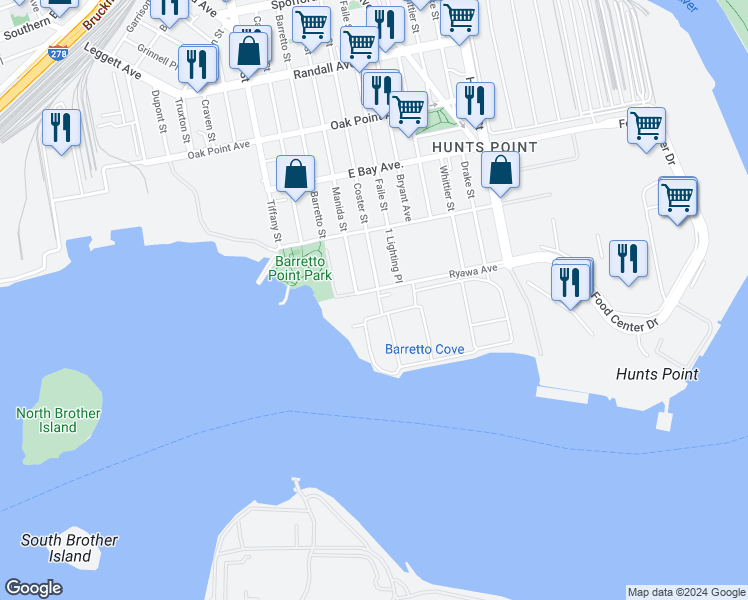 map of restaurants, bars, coffee shops, grocery stores, and more near 1270 Ryawa Avenue in The Bronx