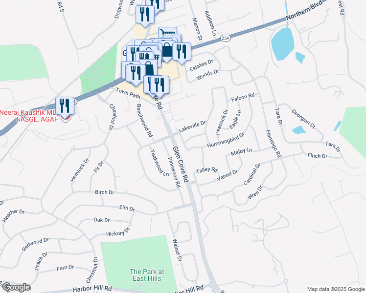map of restaurants, bars, coffee shops, grocery stores, and more near 10 Hummingbird Drive in Roslyn