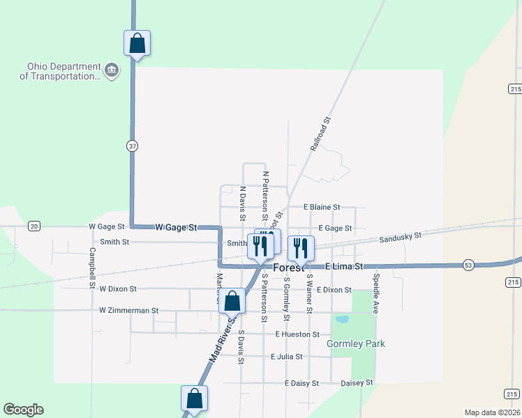 map of restaurants, bars, coffee shops, grocery stores, and more near 311 North Patterson Street in Forest