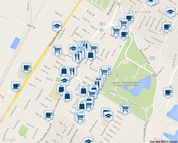map of restaurants, bars, coffee shops, grocery stores, and more near 8104 4th Avenue in North Bergen