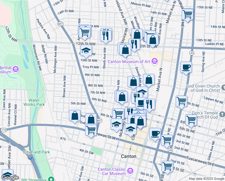 map of restaurants, bars, coffee shops, grocery stores, and more near 805 7th Street Northwest in Canton