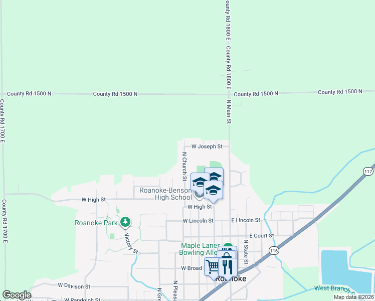 map of restaurants, bars, coffee shops, grocery stores, and more near 988-1110 N Church St in Roanoke