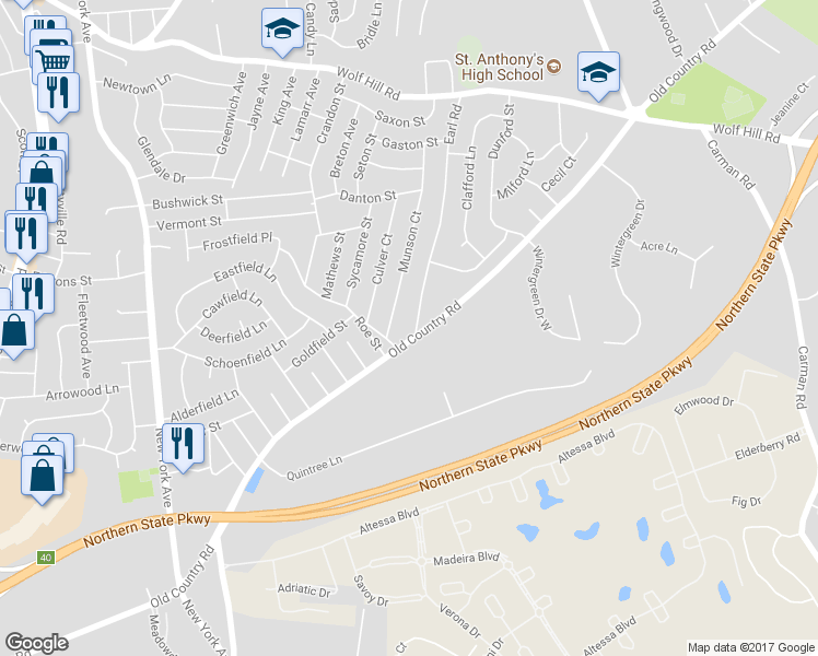 map of restaurants, bars, coffee shops, grocery stores, and more near 1 Earl Road in Melville