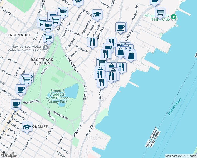 map of restaurants, bars, coffee shops, grocery stores, and more near 8905 River Road in North Bergen