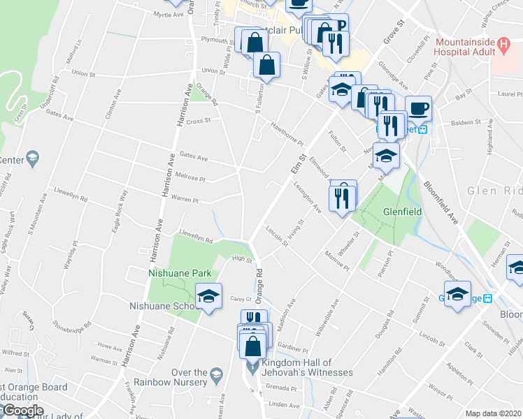 map of restaurants, bars, coffee shops, grocery stores, and more near 114 Elm Street in Montclair