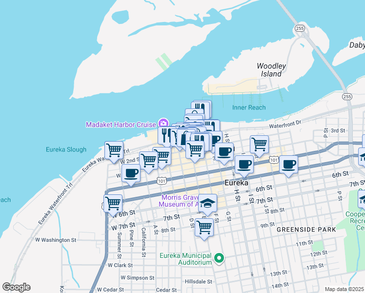 map of restaurants, bars, coffee shops, grocery stores, and more near 104 D Street in Eureka