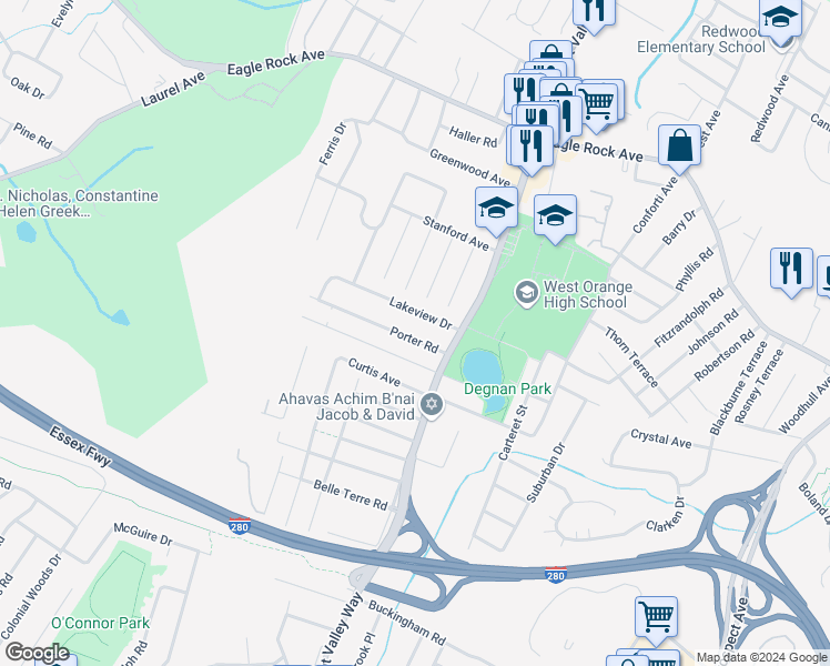 map of restaurants, bars, coffee shops, grocery stores, and more near 13 Porter Rd in West Orange