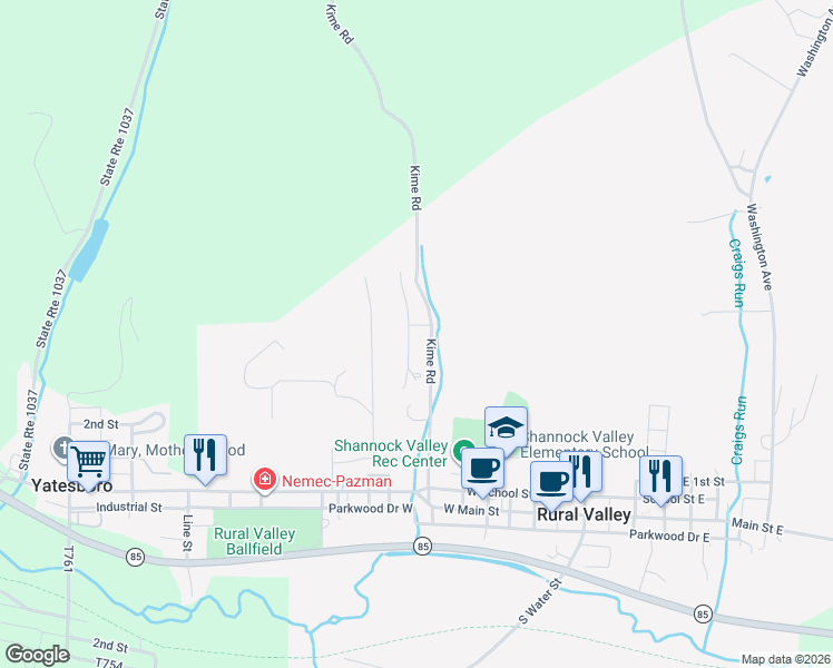 map of restaurants, bars, coffee shops, grocery stores, and more near 214 Diane Drive in Rural Valley