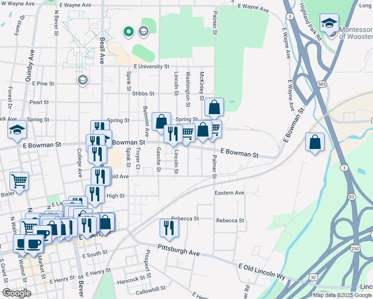 map of restaurants, bars, coffee shops, grocery stores, and more near 927 East Bowman Street in Wooster