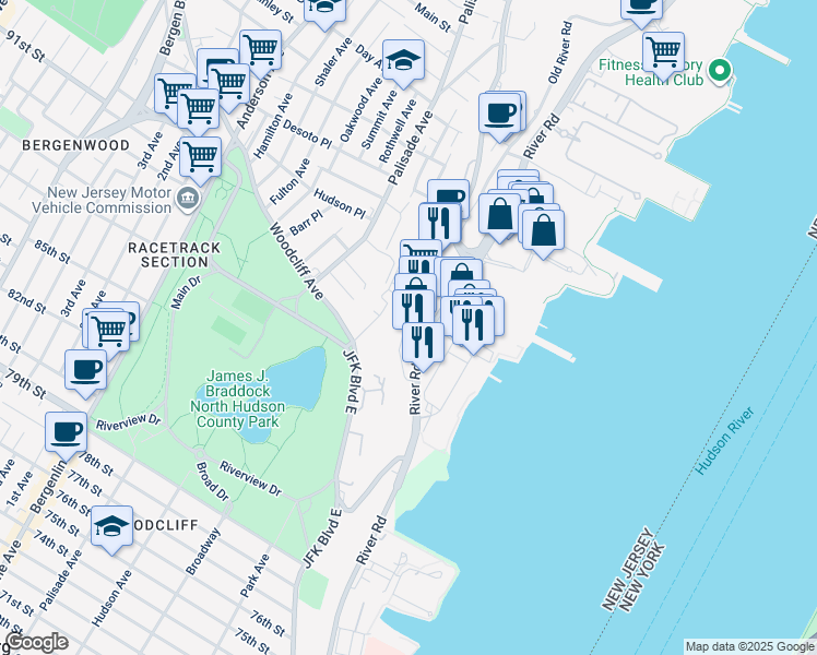 map of restaurants, bars, coffee shops, grocery stores, and more near 8905 River Road in North Bergen