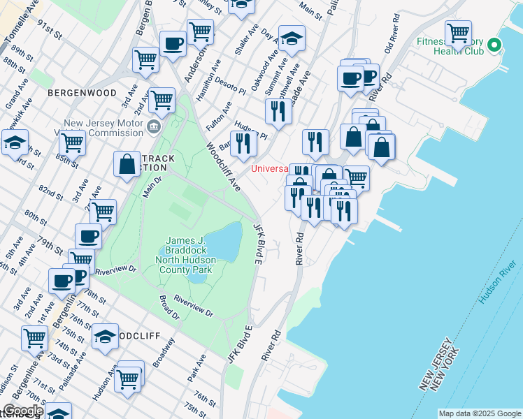 map of restaurants, bars, coffee shops, grocery stores, and more near 10 Woodcliff Avenue in North Bergen