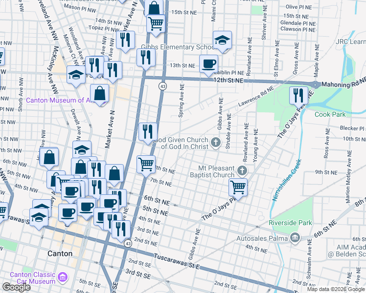 map of restaurants, bars, coffee shops, grocery stores, and more near 705 9th Street Northeast in Canton