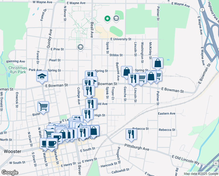 map of restaurants, bars, coffee shops, grocery stores, and more near 523 Spink Street in Wooster