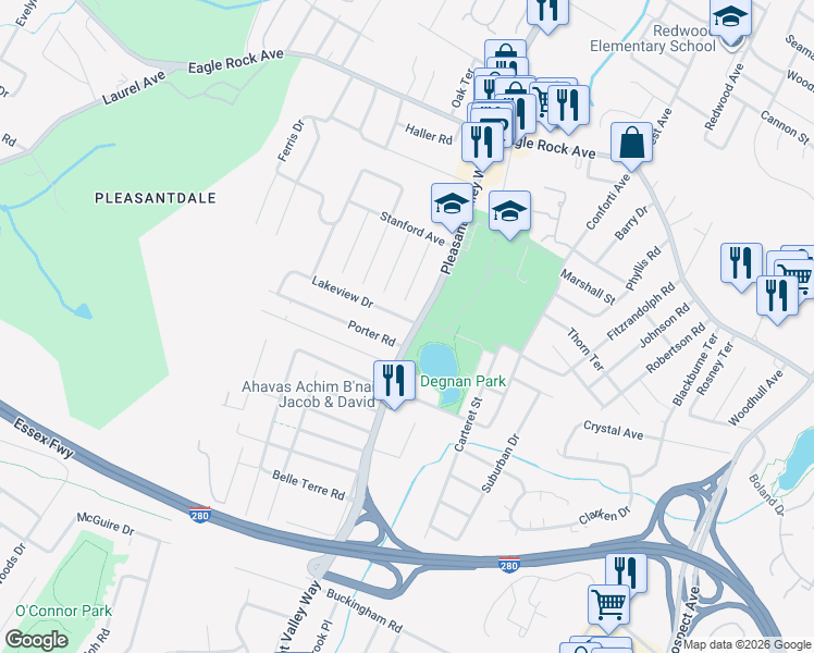 map of restaurants, bars, coffee shops, grocery stores, and more near 615 Pleasant Valley Way in West Orange