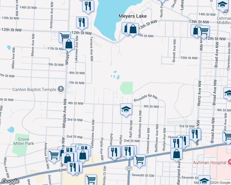 map of restaurants, bars, coffee shops, grocery stores, and more near 512 Aultman Avenue Northwest in Canton