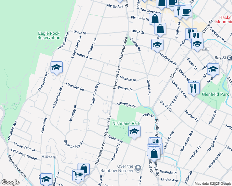 map of restaurants, bars, coffee shops, grocery stores, and more near 91 Harrison Avenue in Montclair