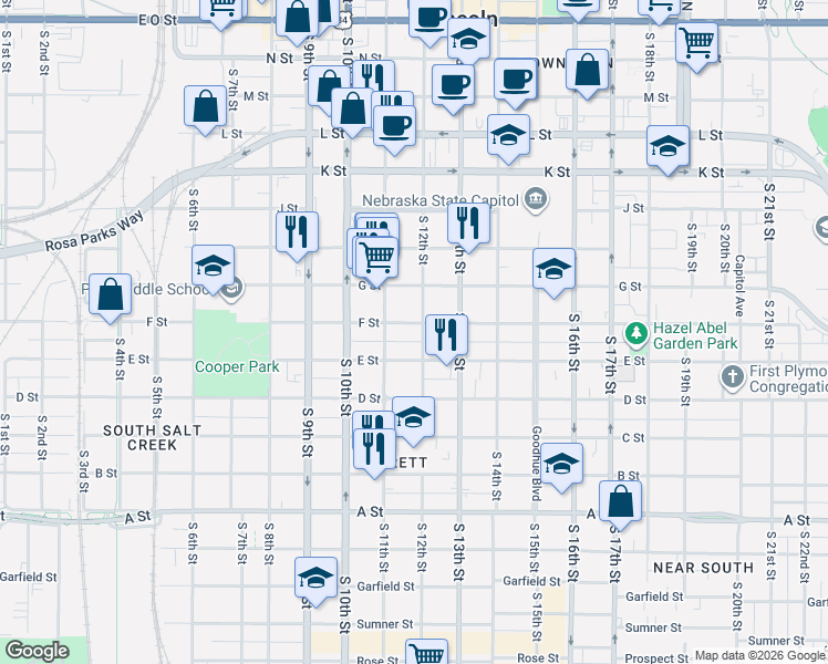 map of restaurants, bars, coffee shops, grocery stores, and more near 1123 F Street in Lincoln