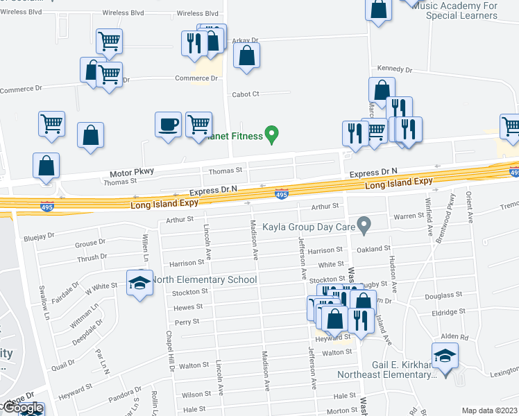 map of restaurants, bars, coffee shops, grocery stores, and more near 31 Arthur Street in Brentwood