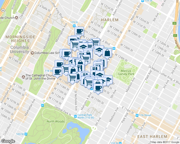 map of restaurants, bars, coffee shops, grocery stores, and more near 136 West 119th Street in New York