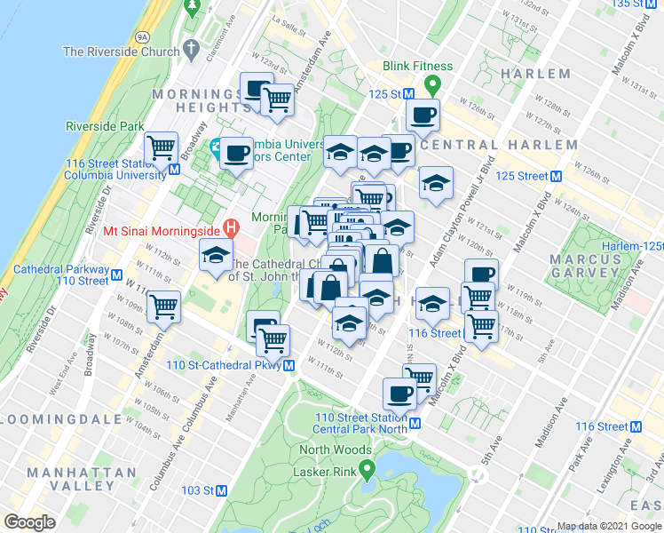 map of restaurants, bars, coffee shops, grocery stores, and more near in New York