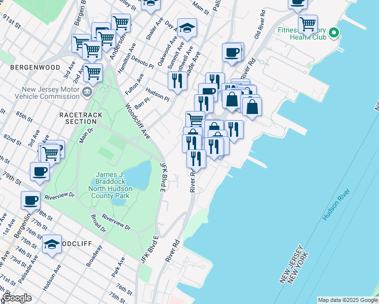 map of restaurants, bars, coffee shops, grocery stores, and more near 8905 River Road in North Bergen