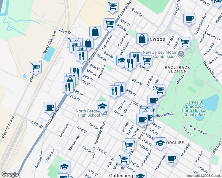 map of restaurants, bars, coffee shops, grocery stores, and more near 1218 79th Street in North Bergen