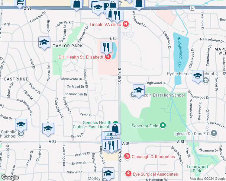 map of restaurants, bars, coffee shops, grocery stores, and more near 320 Roanoke Court in Lincoln