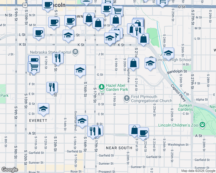 map of restaurants, bars, coffee shops, grocery stores, and more near 1827 F Street in Lincoln