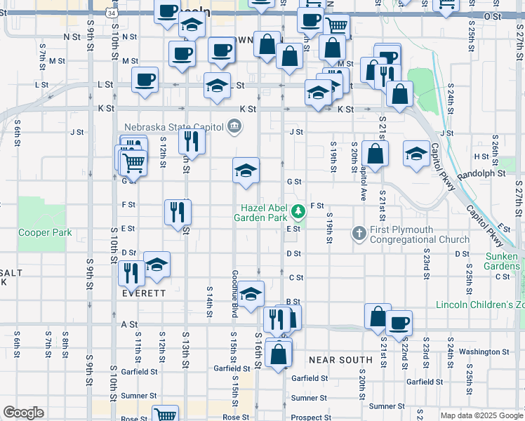 map of restaurants, bars, coffee shops, grocery stores, and more near 1617 F Street in Lincoln