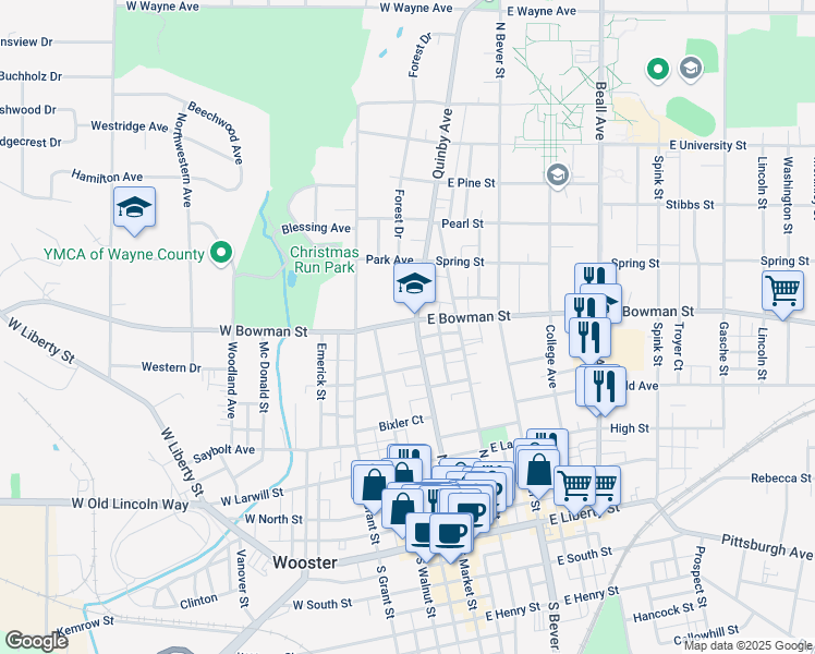 map of restaurants, bars, coffee shops, grocery stores, and more near 580 North Market Street in Wooster