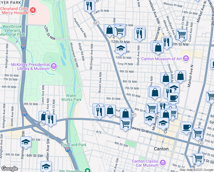 map of restaurants, bars, coffee shops, grocery stores, and more near 1145 7th Street Northwest in Canton