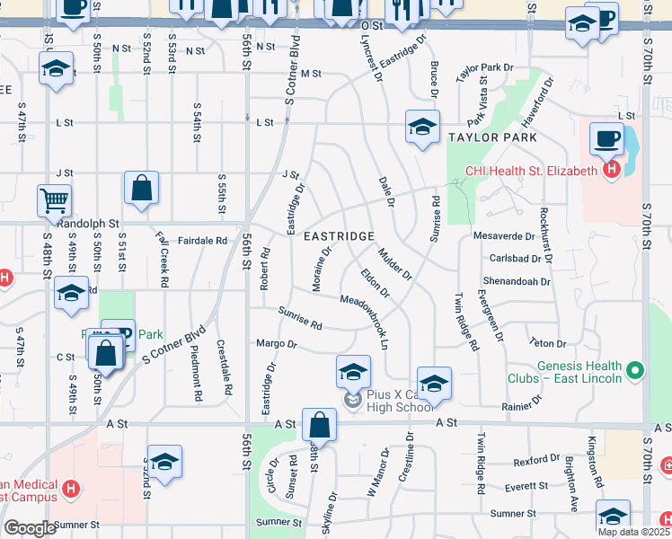 map of restaurants, bars, coffee shops, grocery stores, and more near 900 Moraine Drive in Lincoln
