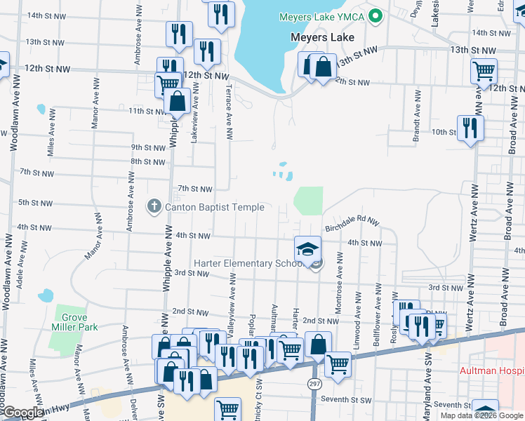 map of restaurants, bars, coffee shops, grocery stores, and more near 520 Poplar Avenue Northwest in Canton